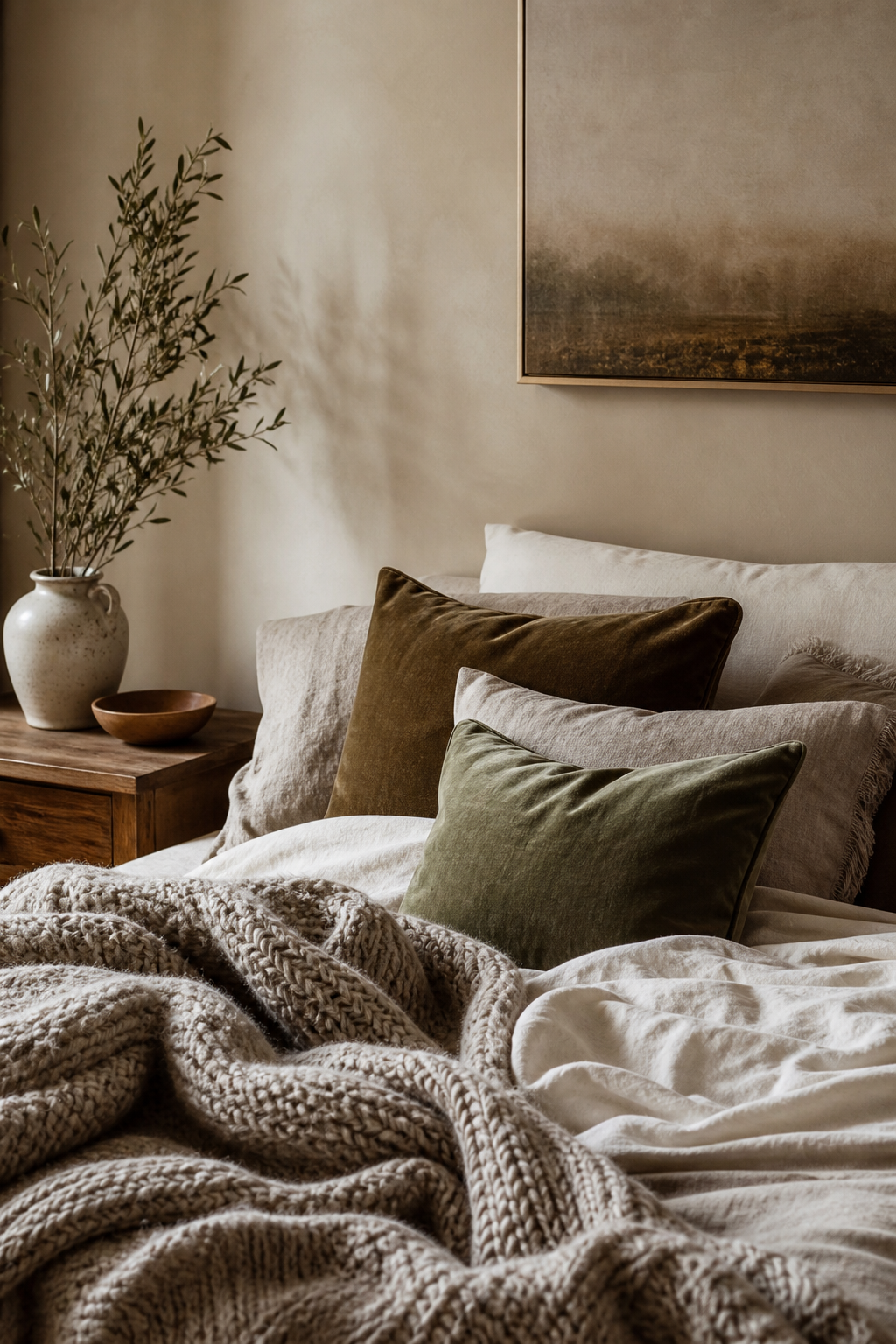 Aesthetic bed with textured throw and layered pillows