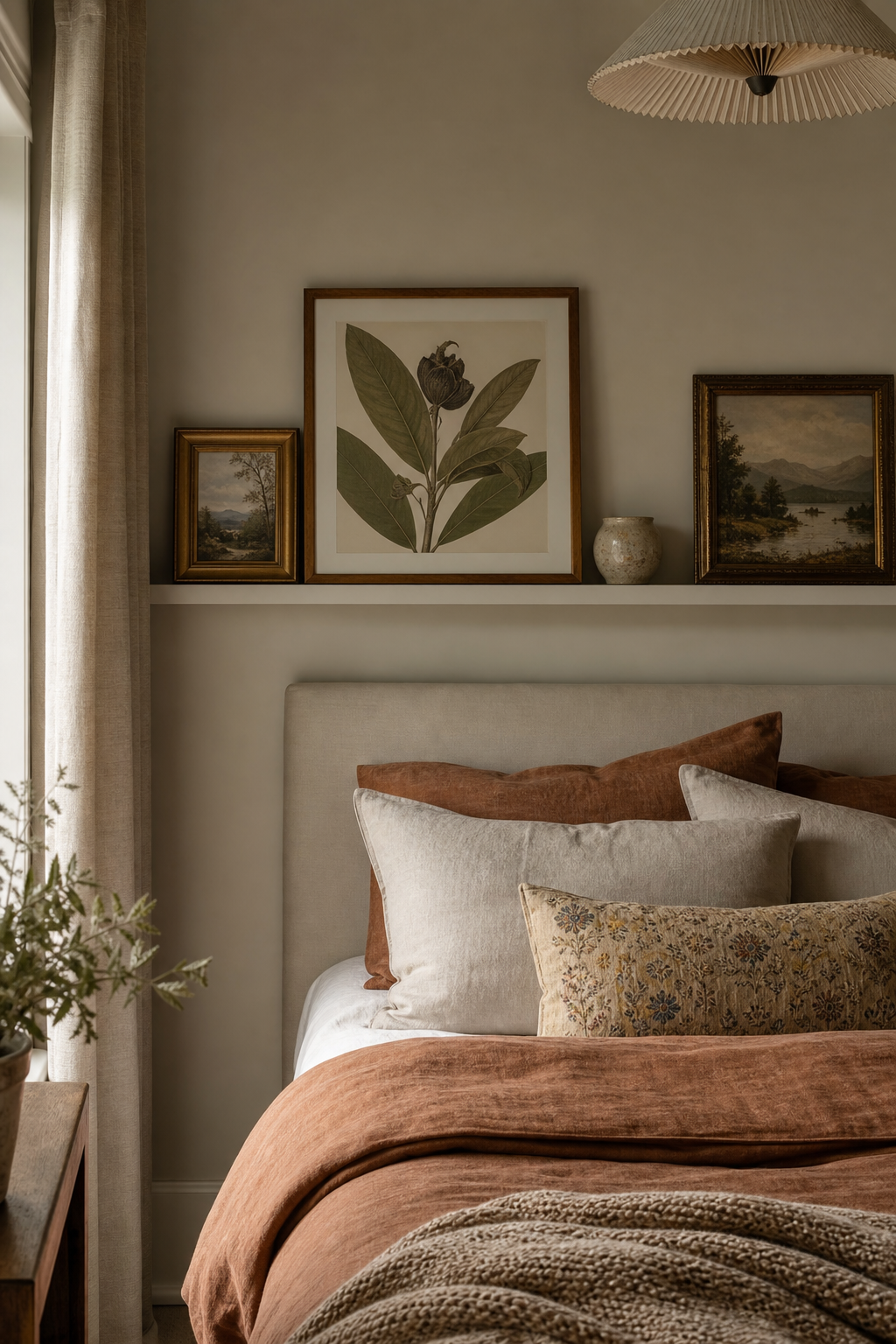 Small bedroom with a shallow picture ledge above the bed