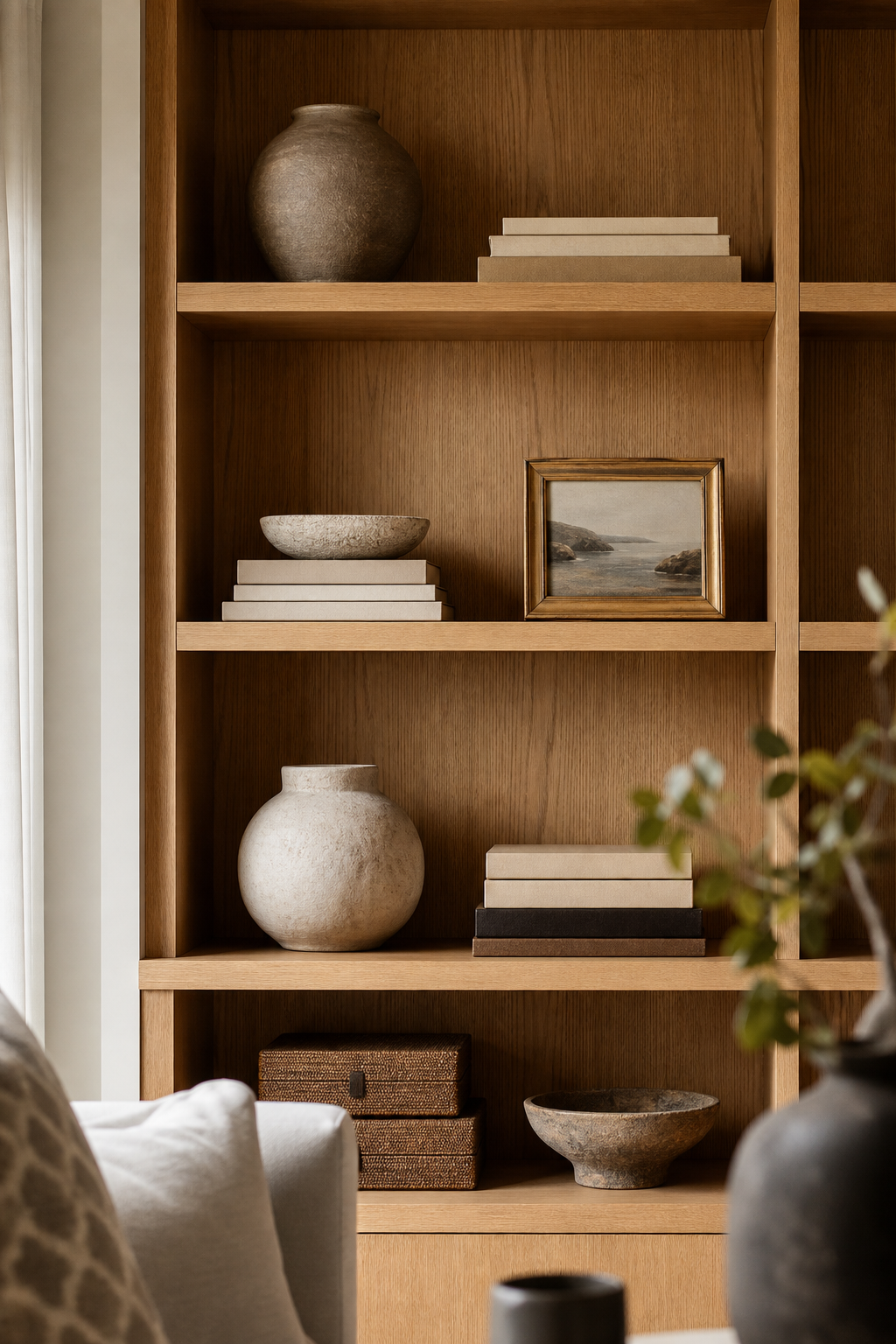 Refined oak shelves styled with ceramics, books, artwork, and negative space
