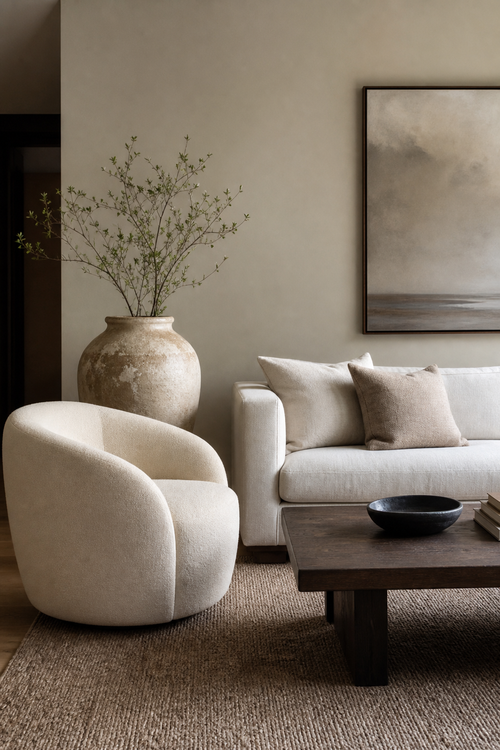 Organic curved chair and ceramic vase softening an aesthetic room