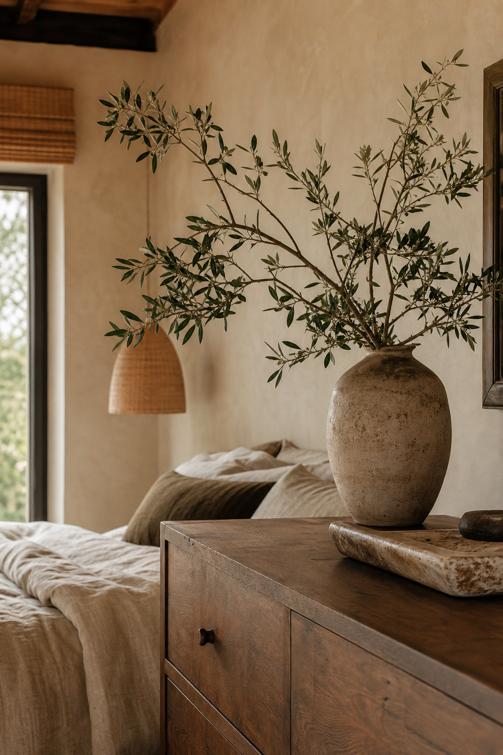 Earthy bedroom dresser with ceramic vessel of olive branches and linen bed in background