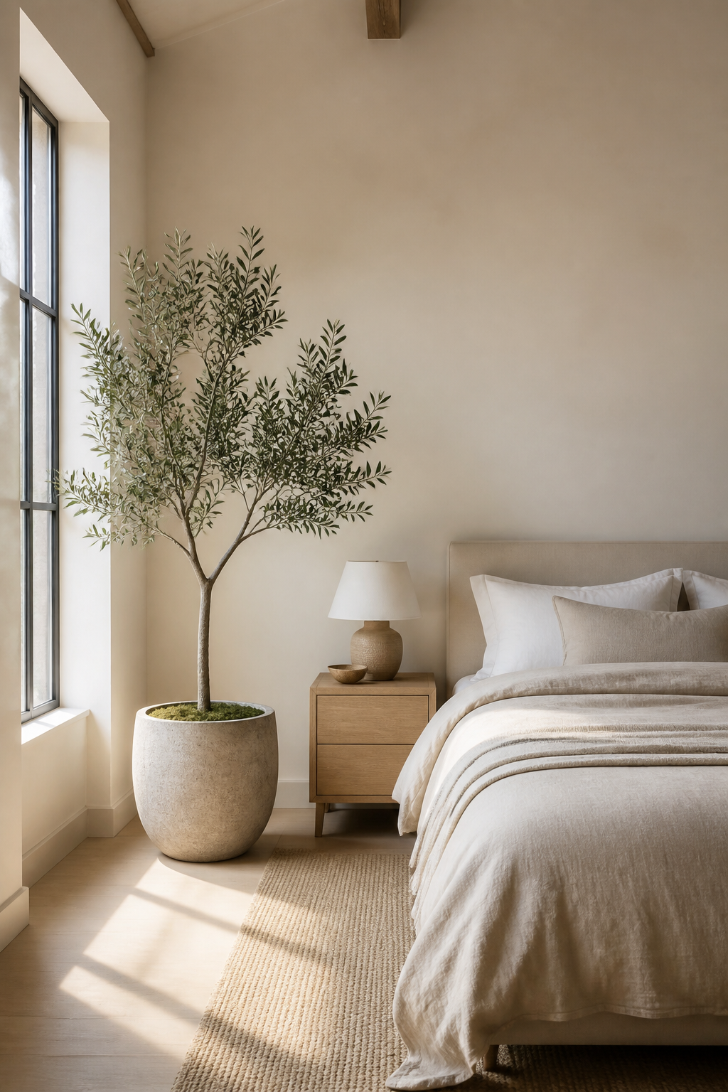 Minimal bedroom with one sculptural olive tree in a stone planter beside a calm linen bed