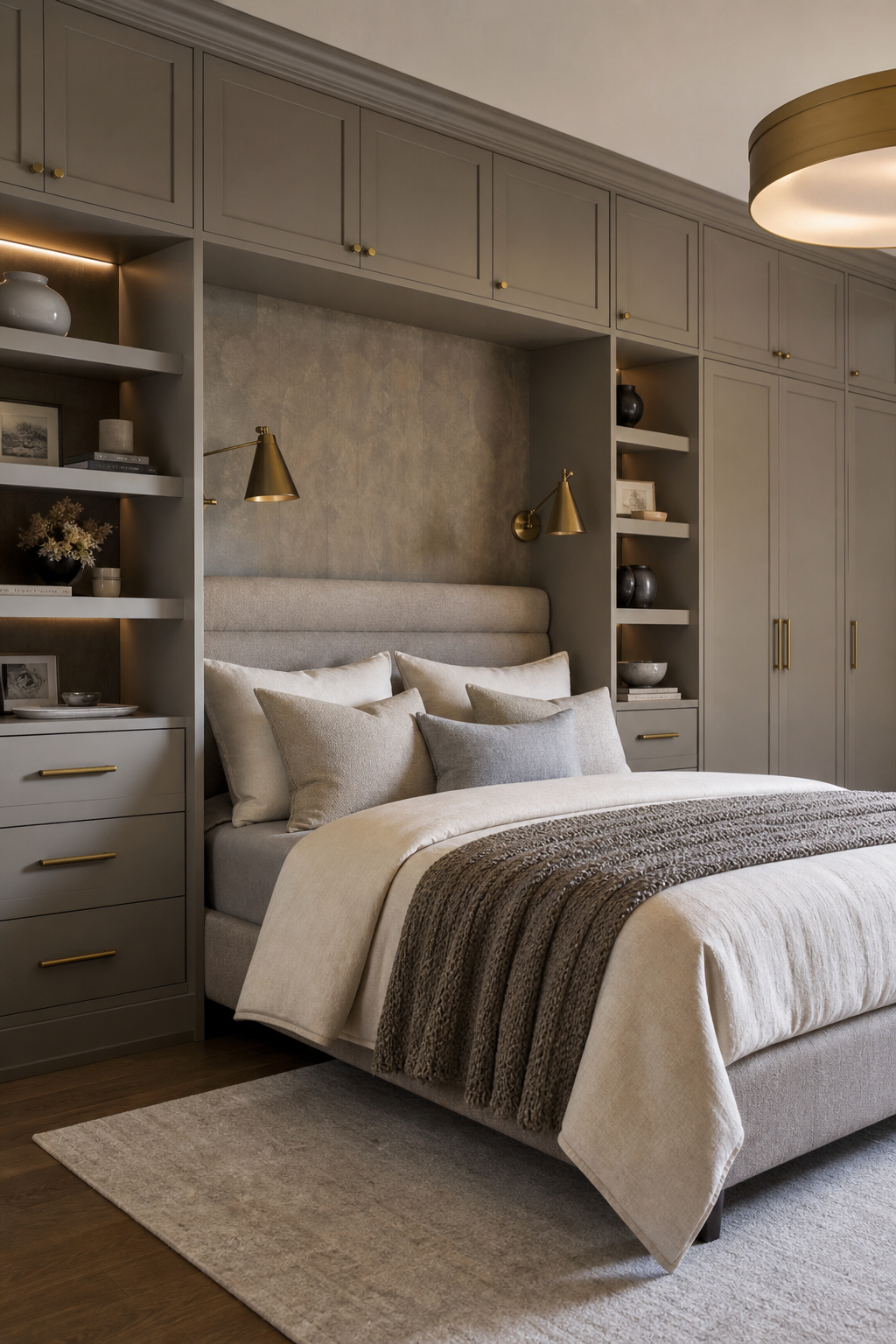 Luxury bedroom with built-in wardrobes framing the bed, integrated shelf lighting, upholstered headboard, and soft bedding