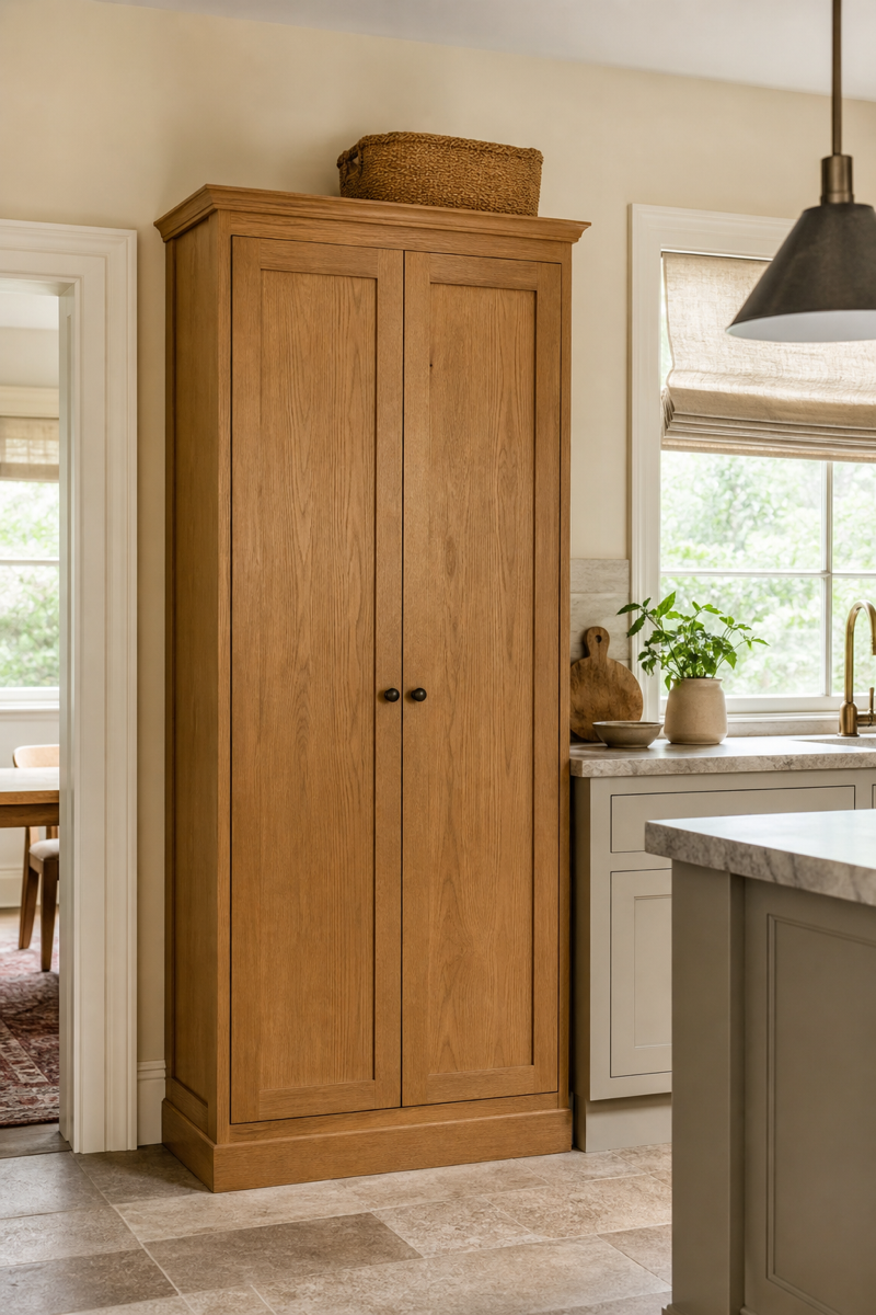 Warm kitchen with freestanding oak pantry cabinet for extra storage