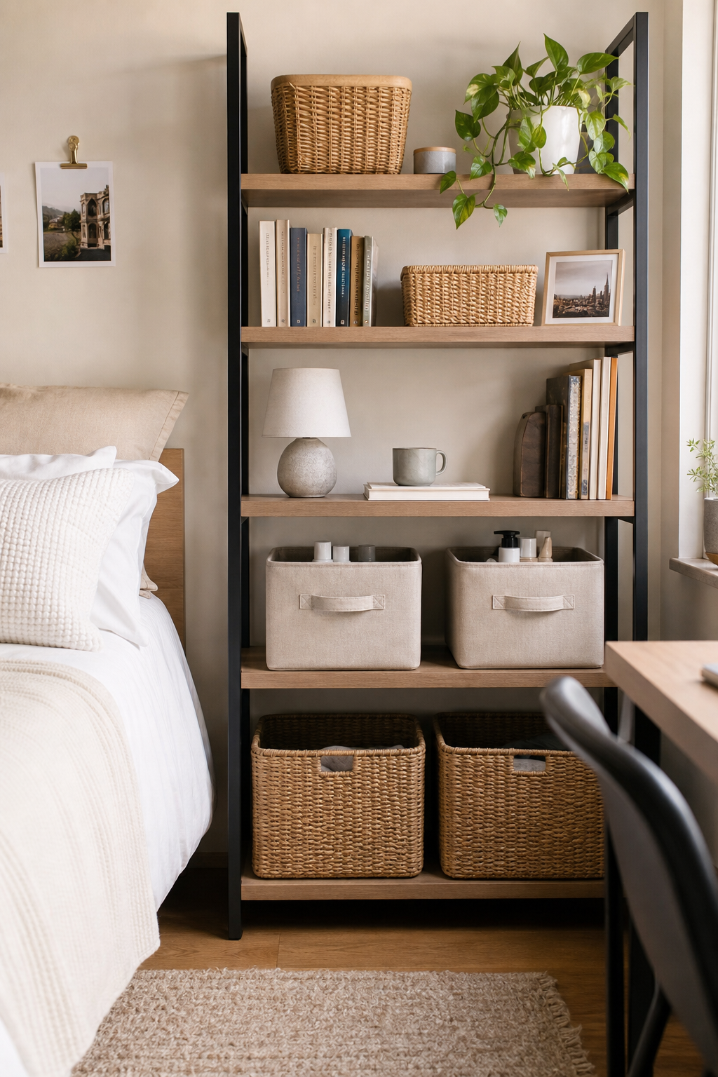 Dorm open shelves organized with matching baskets, books, lamp, and plant