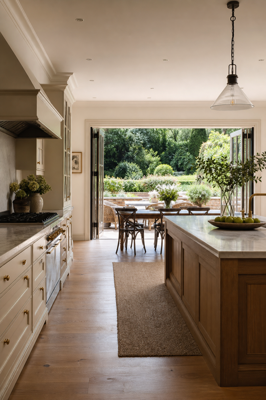 Open kitchen connected to garden patio through large glass doors