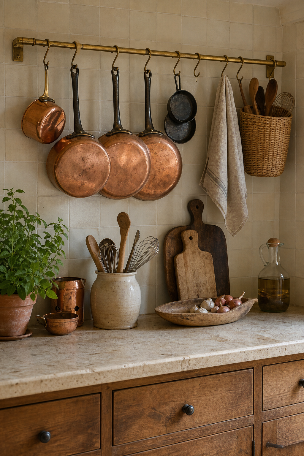 Cozy kitchen with brass pot rail, copper pans, linen towel, and tile backsplash