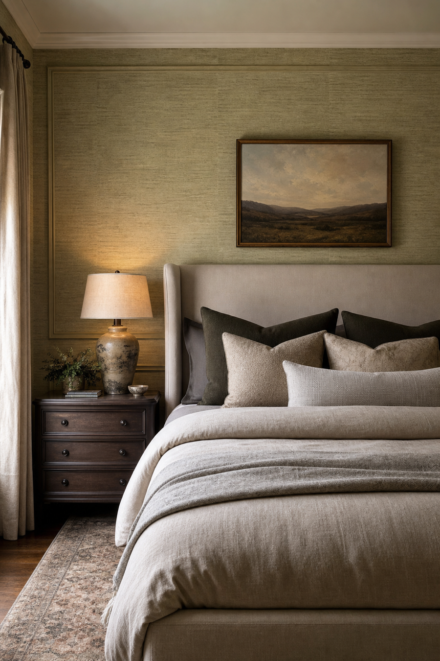Dream bedroom with textured walls and layered neutral bedding