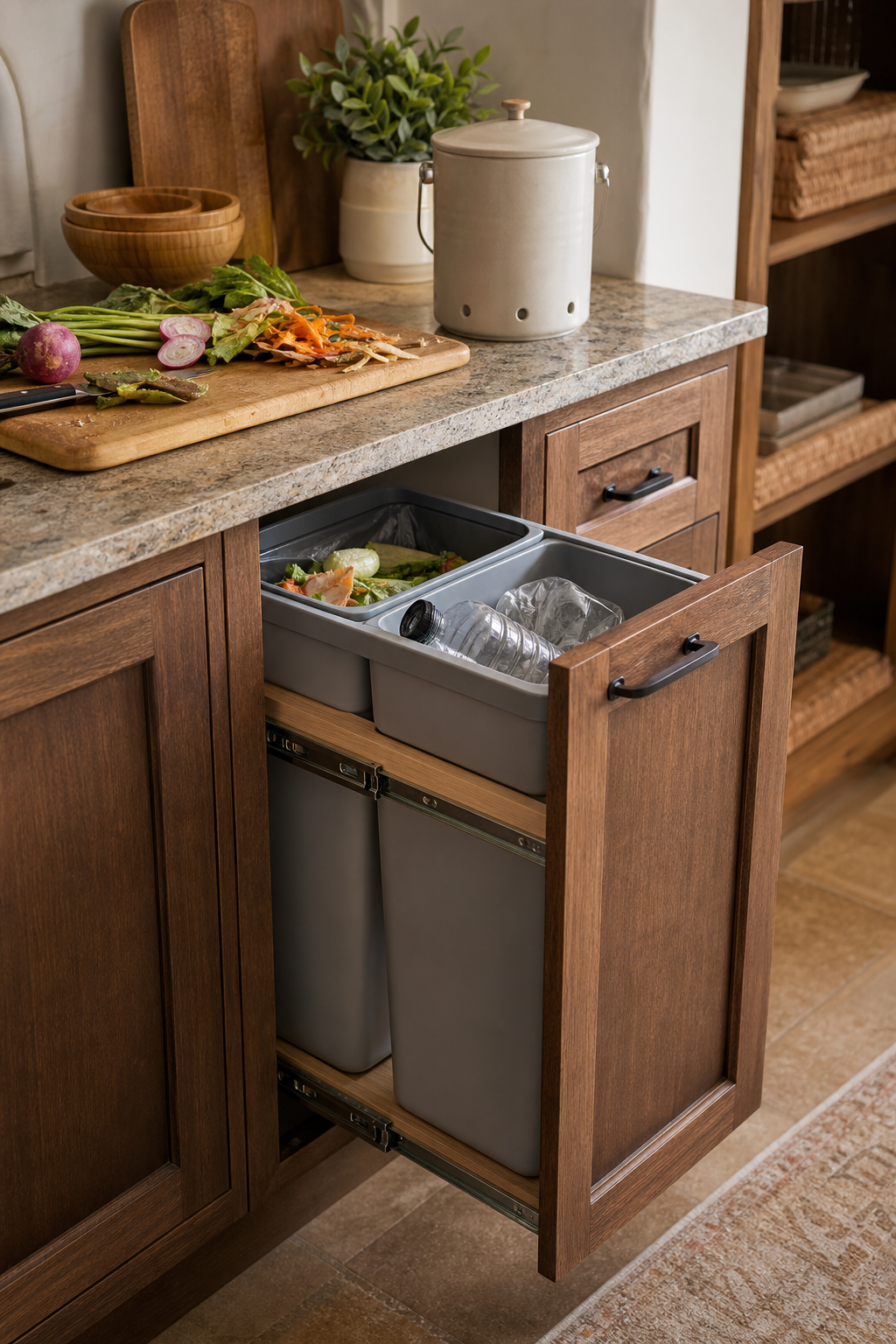 Simple kitchen prep zone with pull-out trash and recycling drawer beside a clear counter