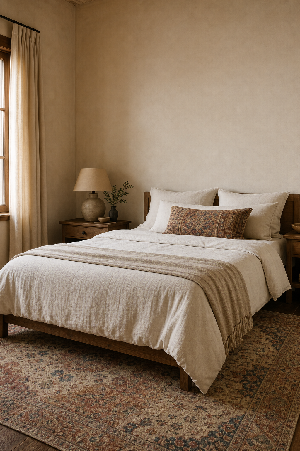 Boho bedroom balancing patterned rug with plain linen bedding