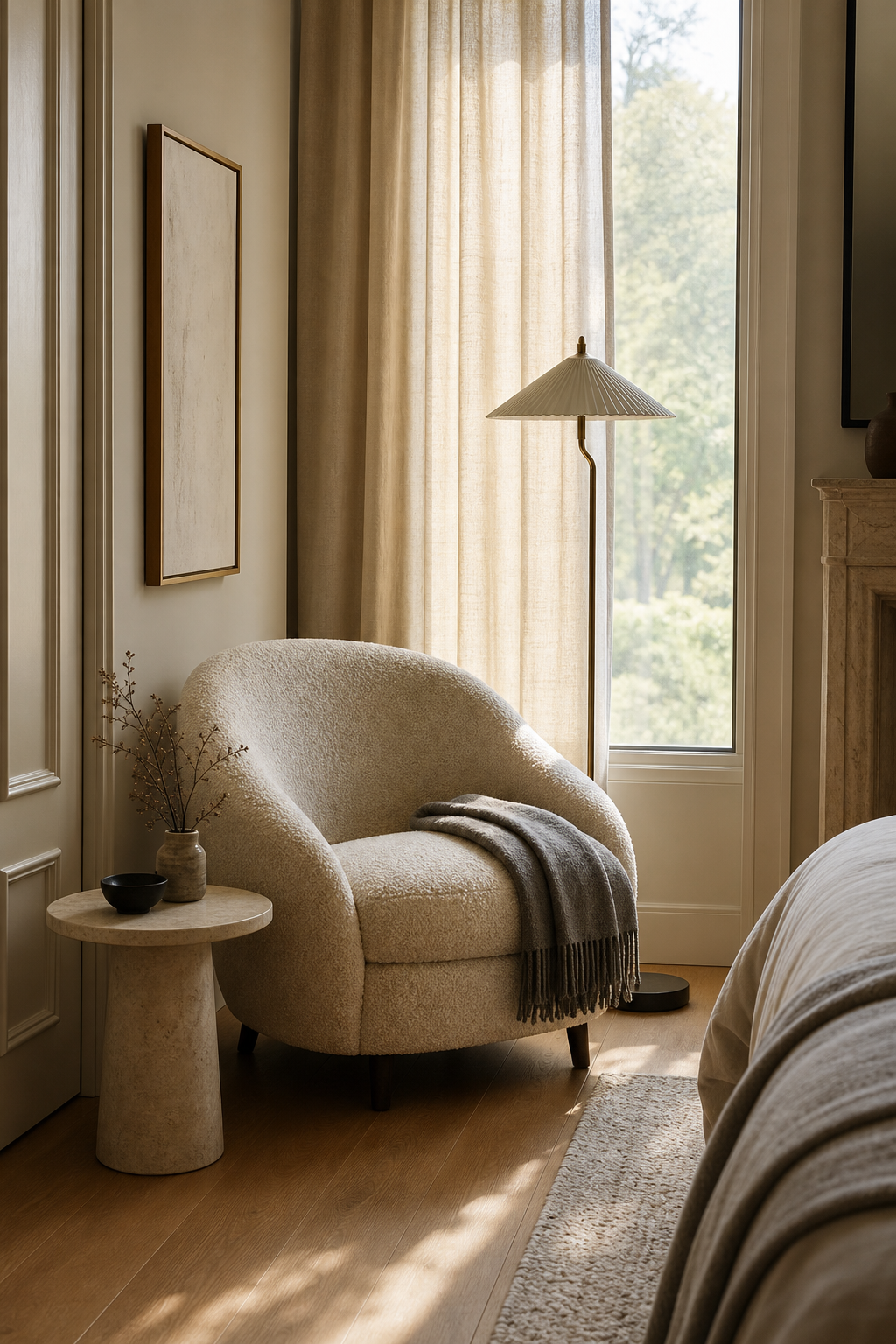 Cozy bedroom reading corner with boucle chair and floor lamp
