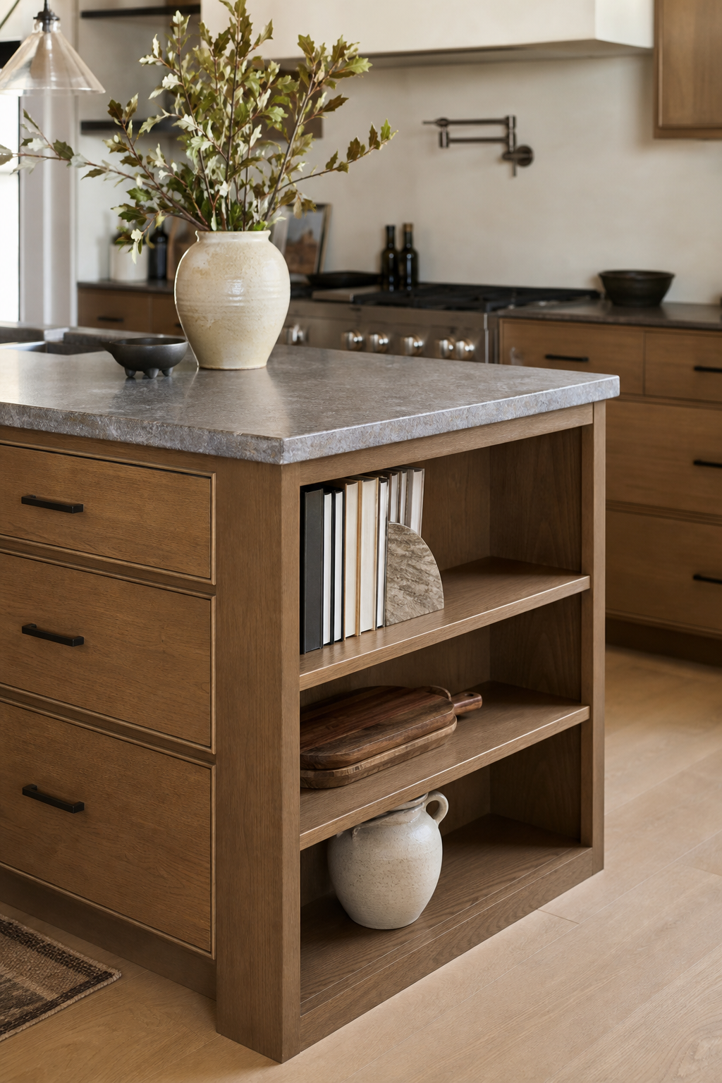 Kitchen island with a small open shelf for cookbooks and serving boards