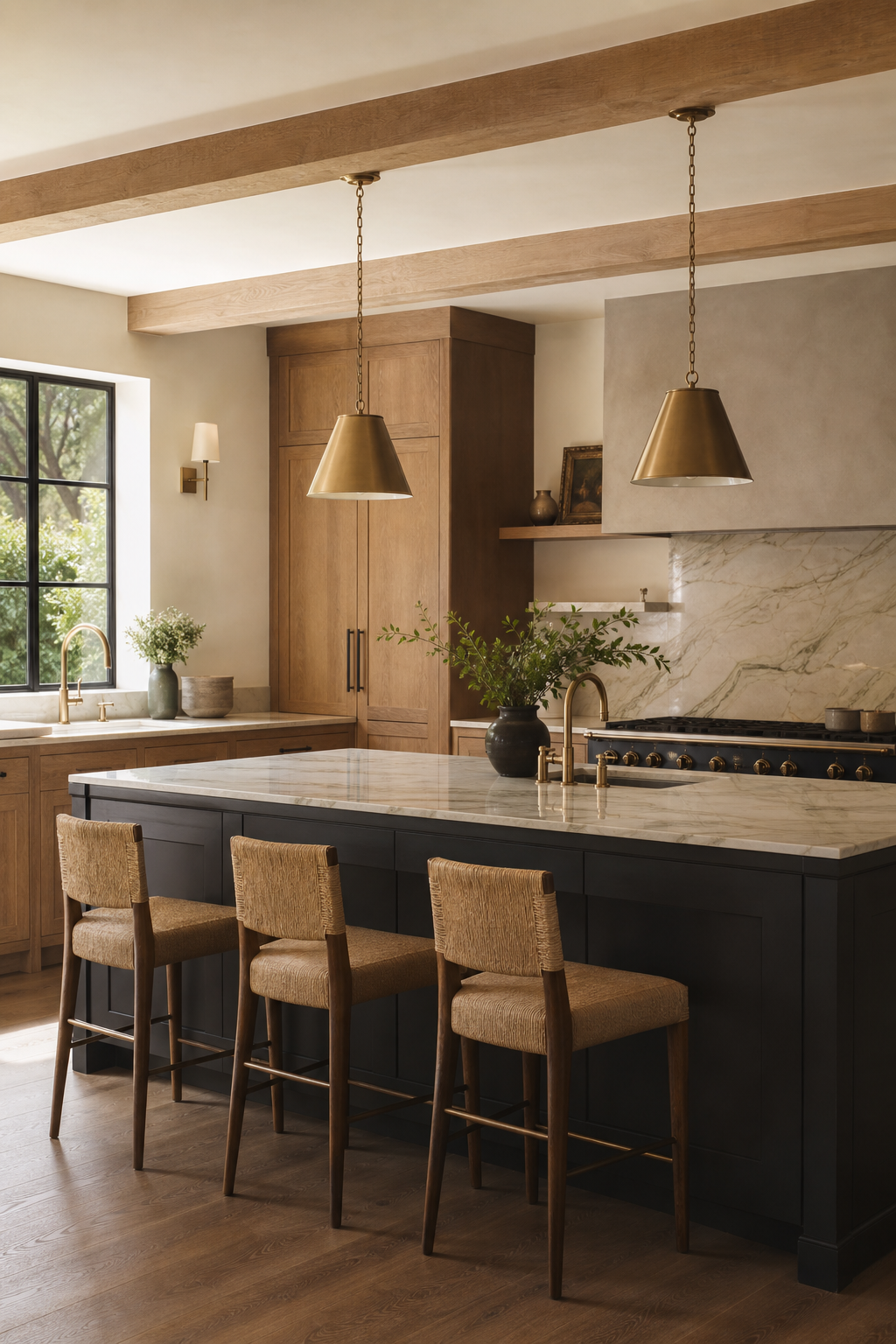 Warm modern kitchen with charcoal island, oak cabinets, and marble surfaces