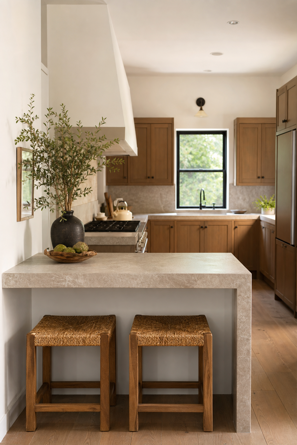 Small kitchen peninsula with backless stools tucked underneath