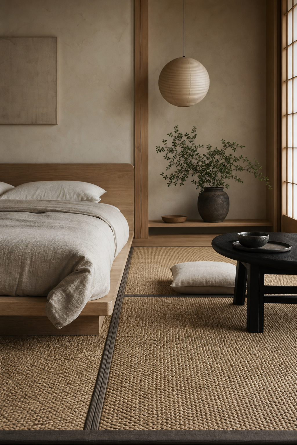 Japandi bedroom with ground the Room With a Tatami-Inspired Rug
