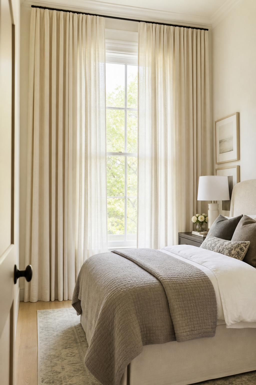 Small bedroom with high-mounted linen curtains making the window feel taller