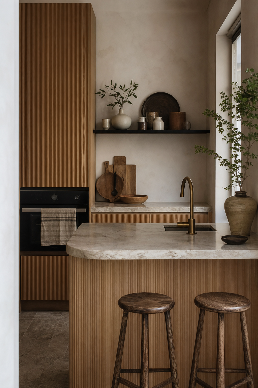 Very small modern kitchen with fluted white oak cabinetry, marble counter, and bronze faucet