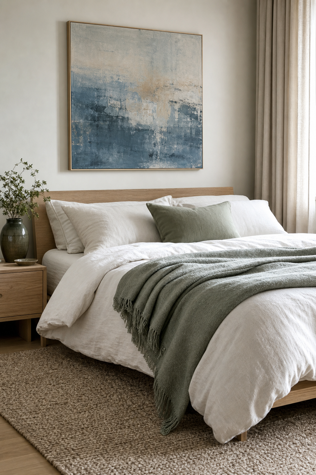 Scandinavian bedroom with muted sage and dusty blue accents