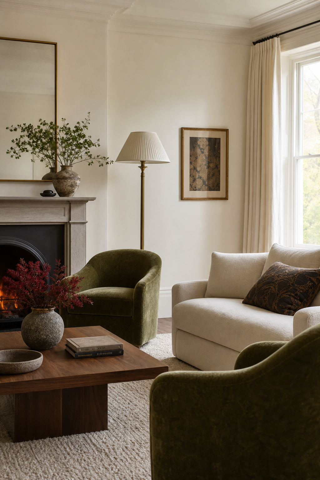 Neutral living room with moss green mohair chairs, ivory sofa, dark wood table, and sophisticated color accents