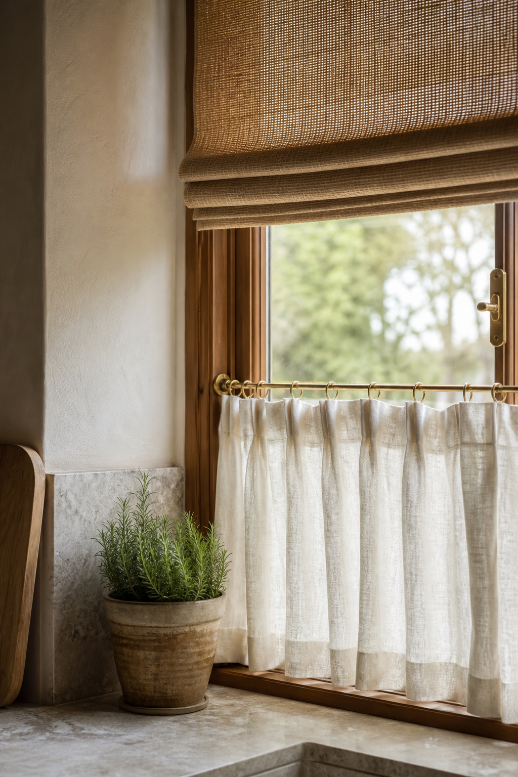natural texture at the windows in a warm functional kitchen