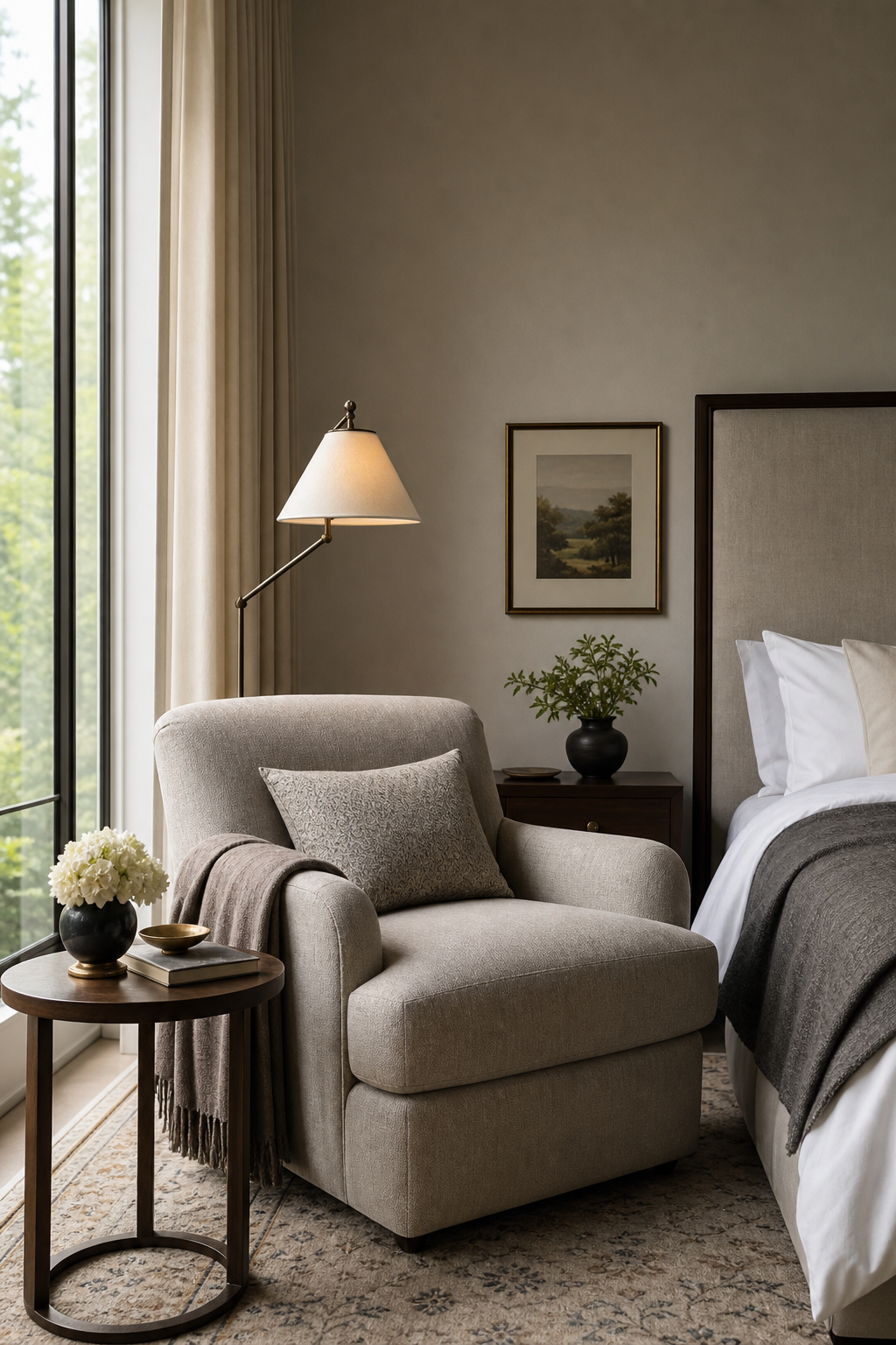 Personal bedroom reading corner with compact chair, small table, floor lamp, and throw