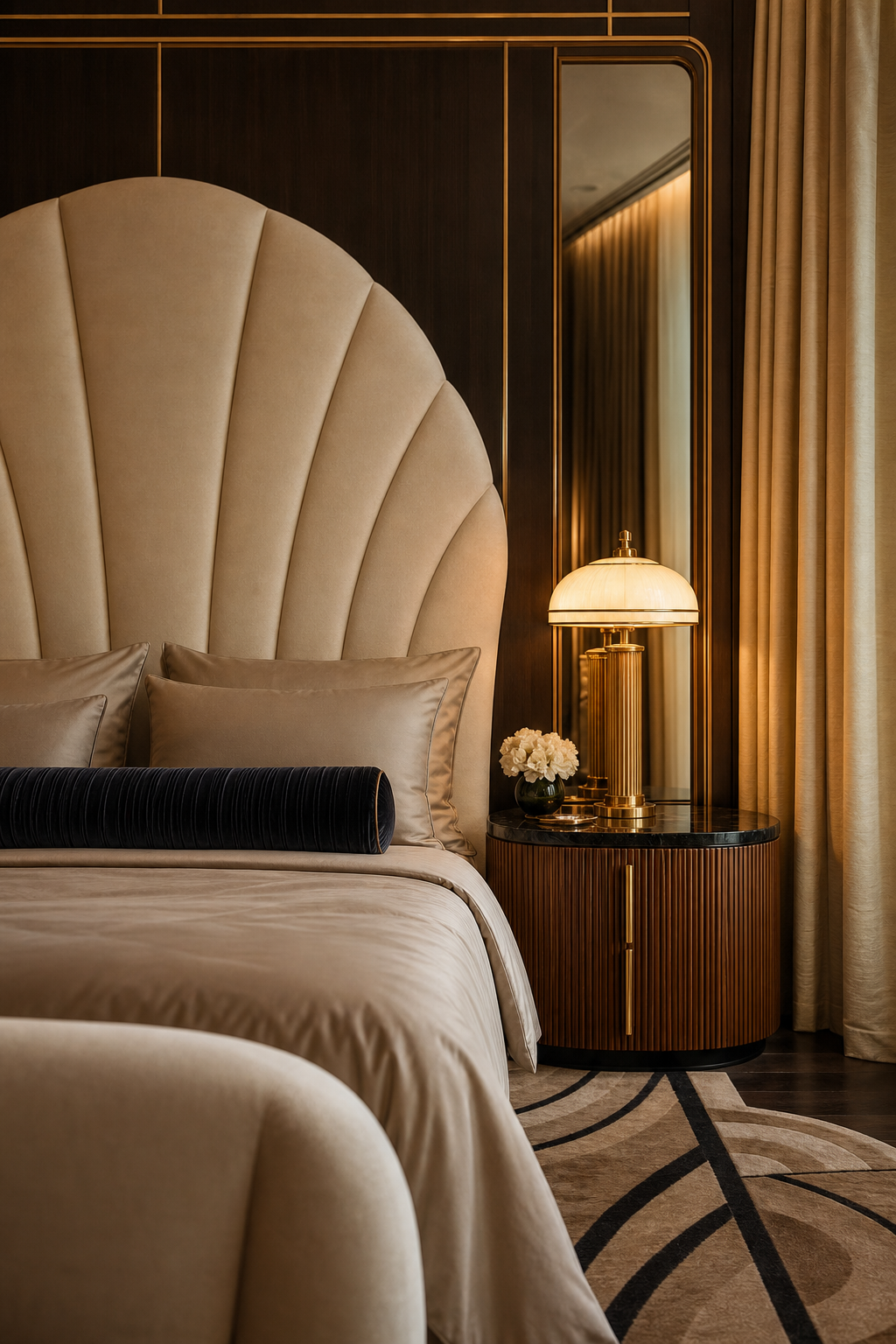 Art Deco glamour bedroom with fan-shaped headboard, fluted nightstands, and brass lighting