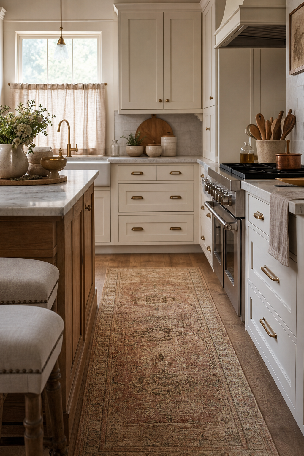 Textiles softening a modern farmhouse kitchen with runner and linen curtain