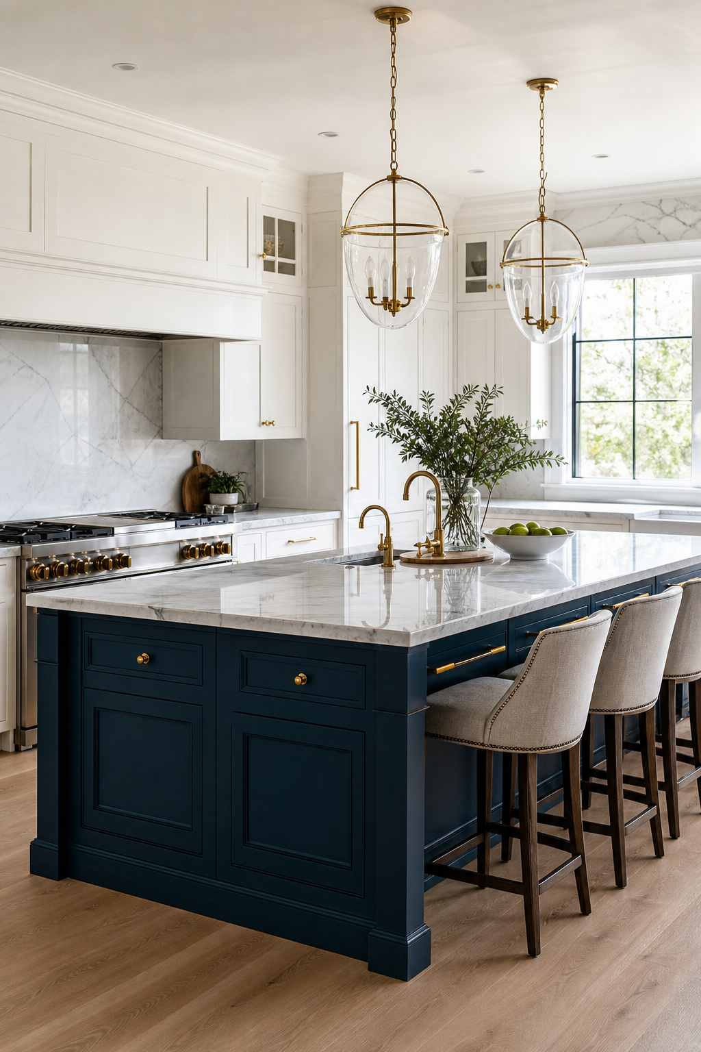 Luxury kitchen with peacock blue island, marble counters, brass hardware, and glass pendant lights