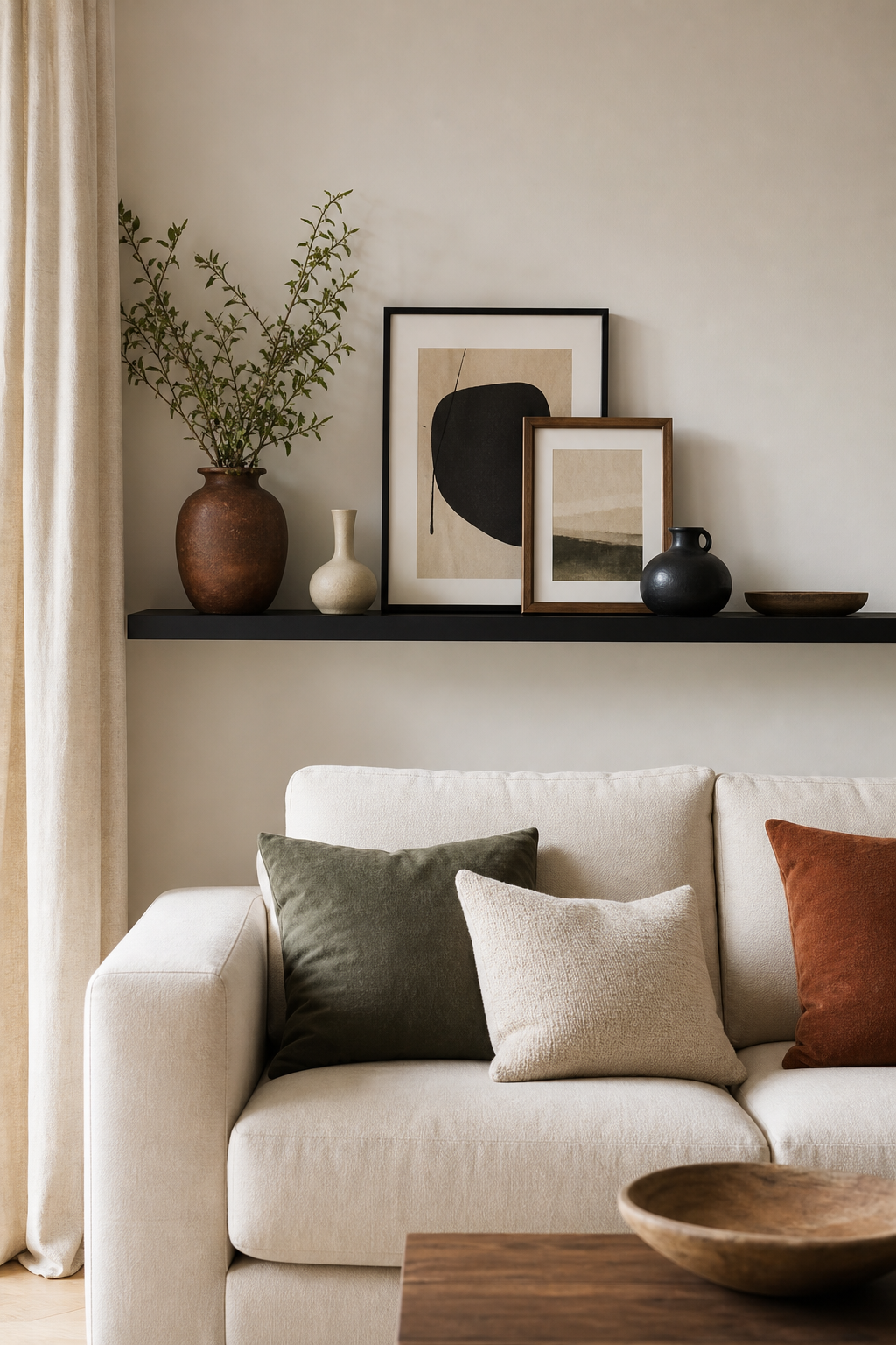 Black accent shelf styled with restrained decor