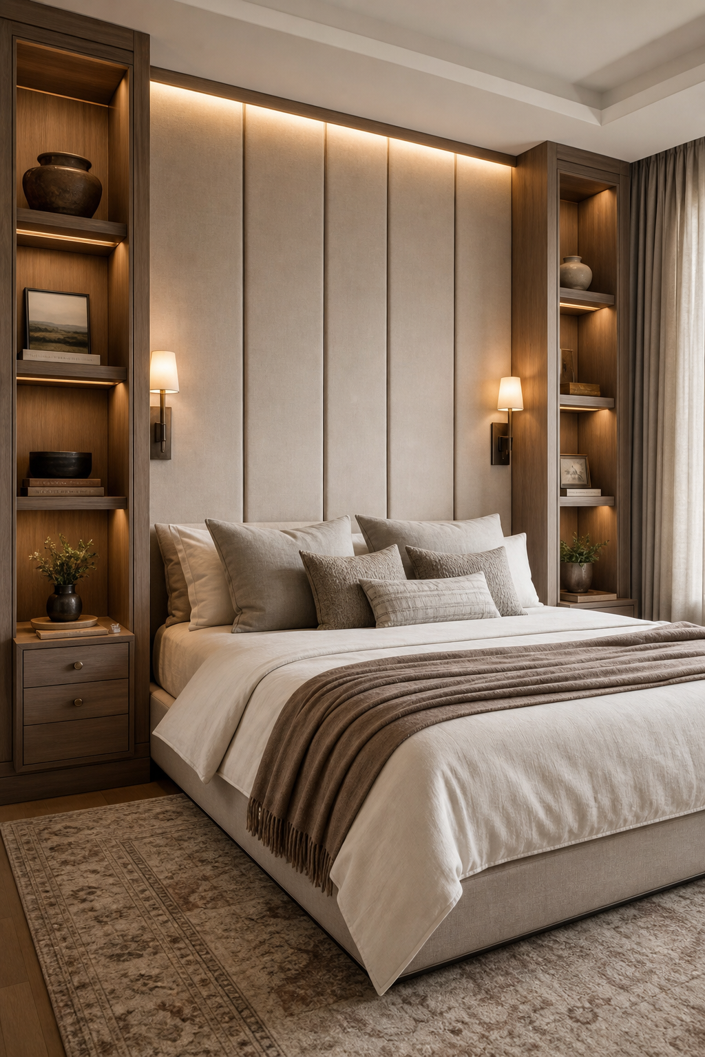 Built-in headboard wall with integrated shelves and sconces in a modern bedroom
