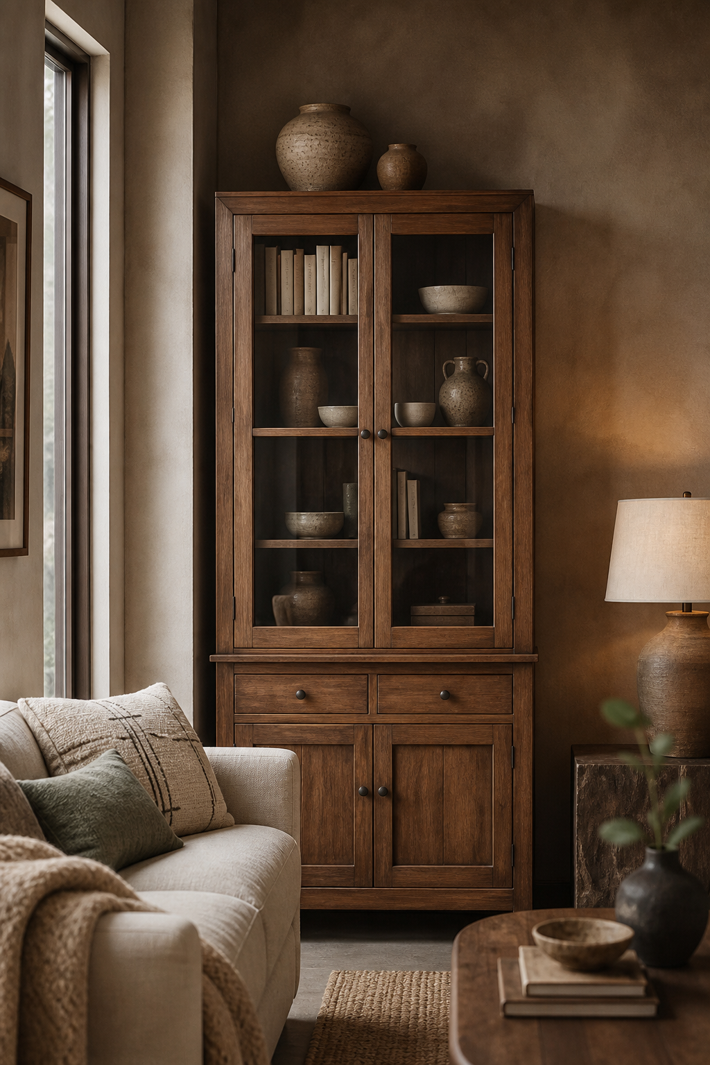 Vintage wood cabinet adding storage and character to a boho living room