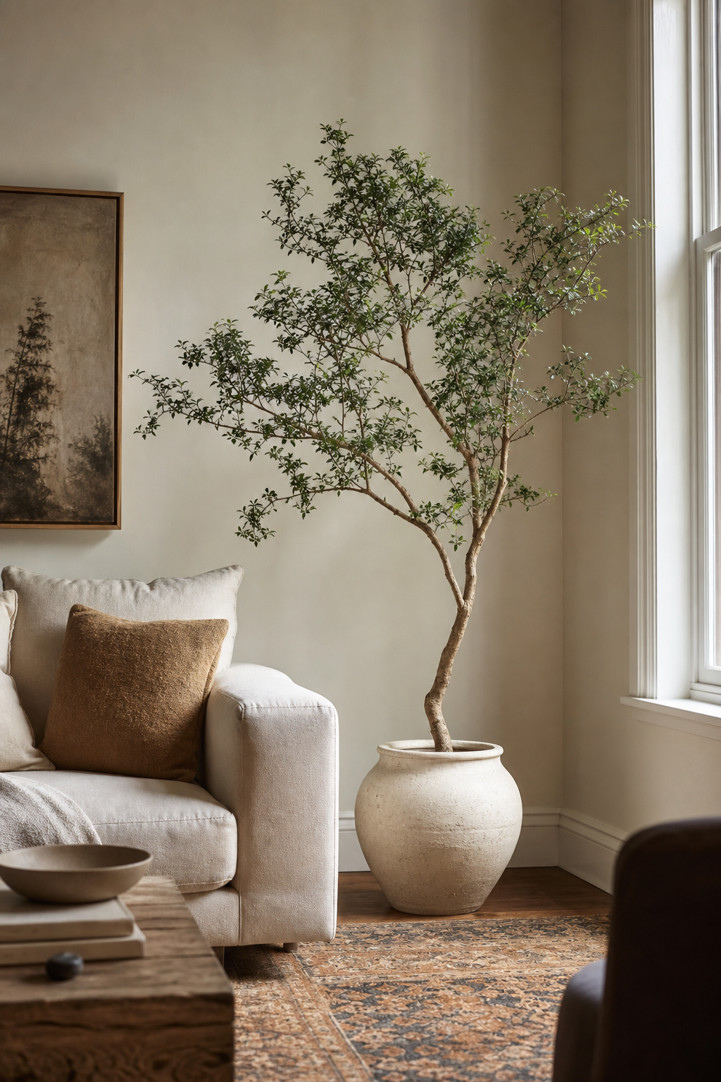 Sculptural indoor tree adding life to a cozy rental apartment