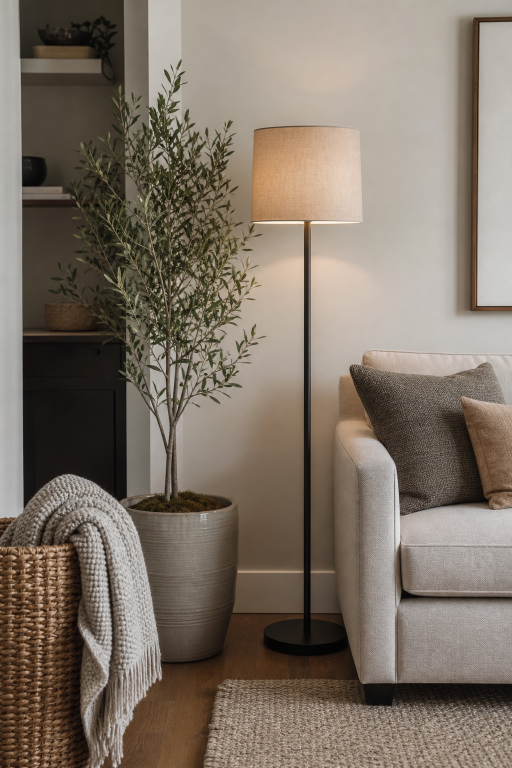 Small living room corner styled with lamp plant and basket