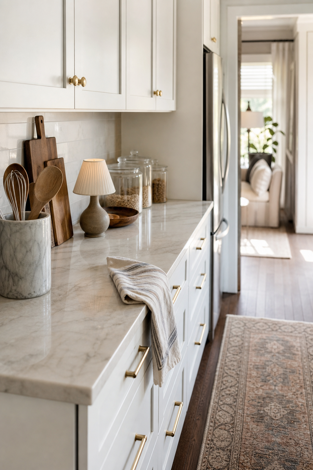 Small rental kitchen styled with wood boards, marble crock, glass jars, and warm lighting