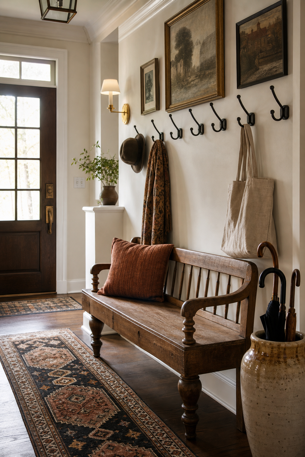 Layered eclectic entryway with antique bench and runner