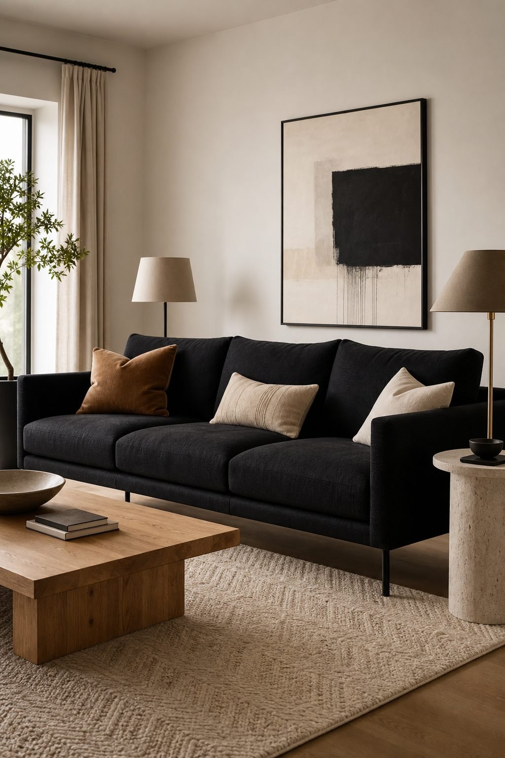 Sleek black 3 seater sofa adding drama to a chic living room with pale walls and warm lighting