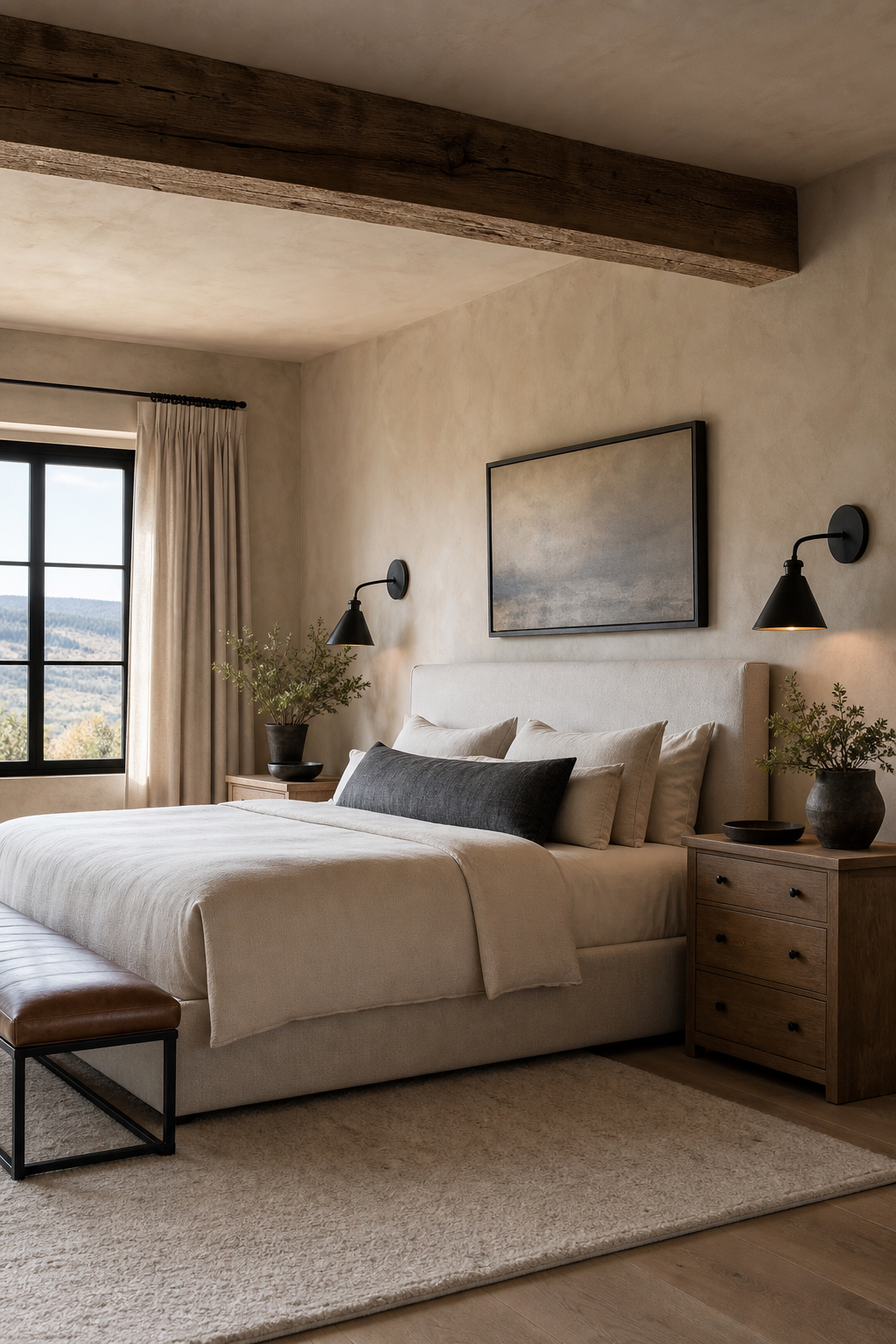 Rustic modern bedroom with reclaimed wood beam, leather bench, and tailored bedding