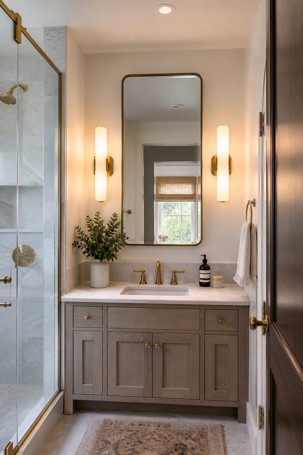 Small full bathroom idea with install sconces that do not crowd the mirror
