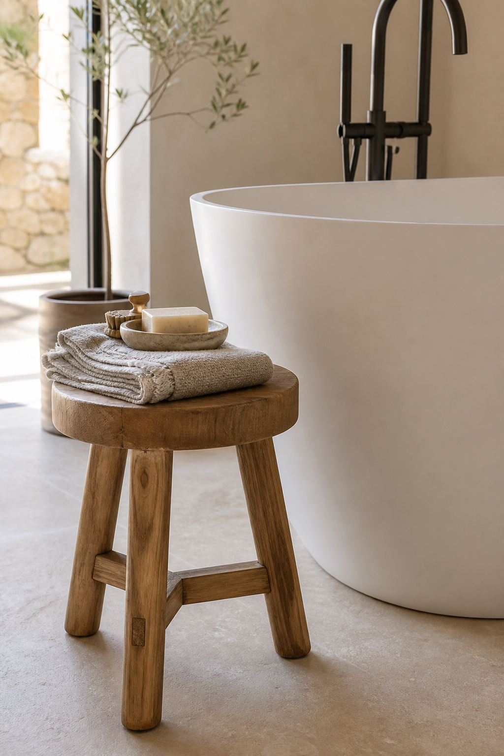 Teak stool beside a freestanding tub in a modern spa bathroom