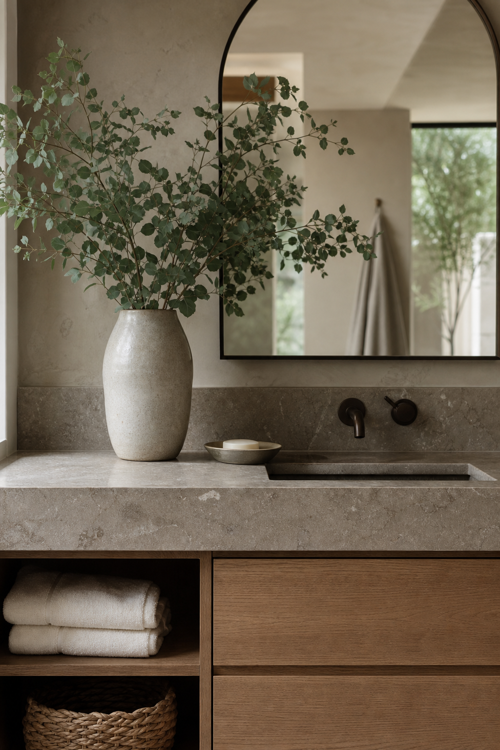 Bathroom vanity styled with eucalyptus branches in a ceramic vase