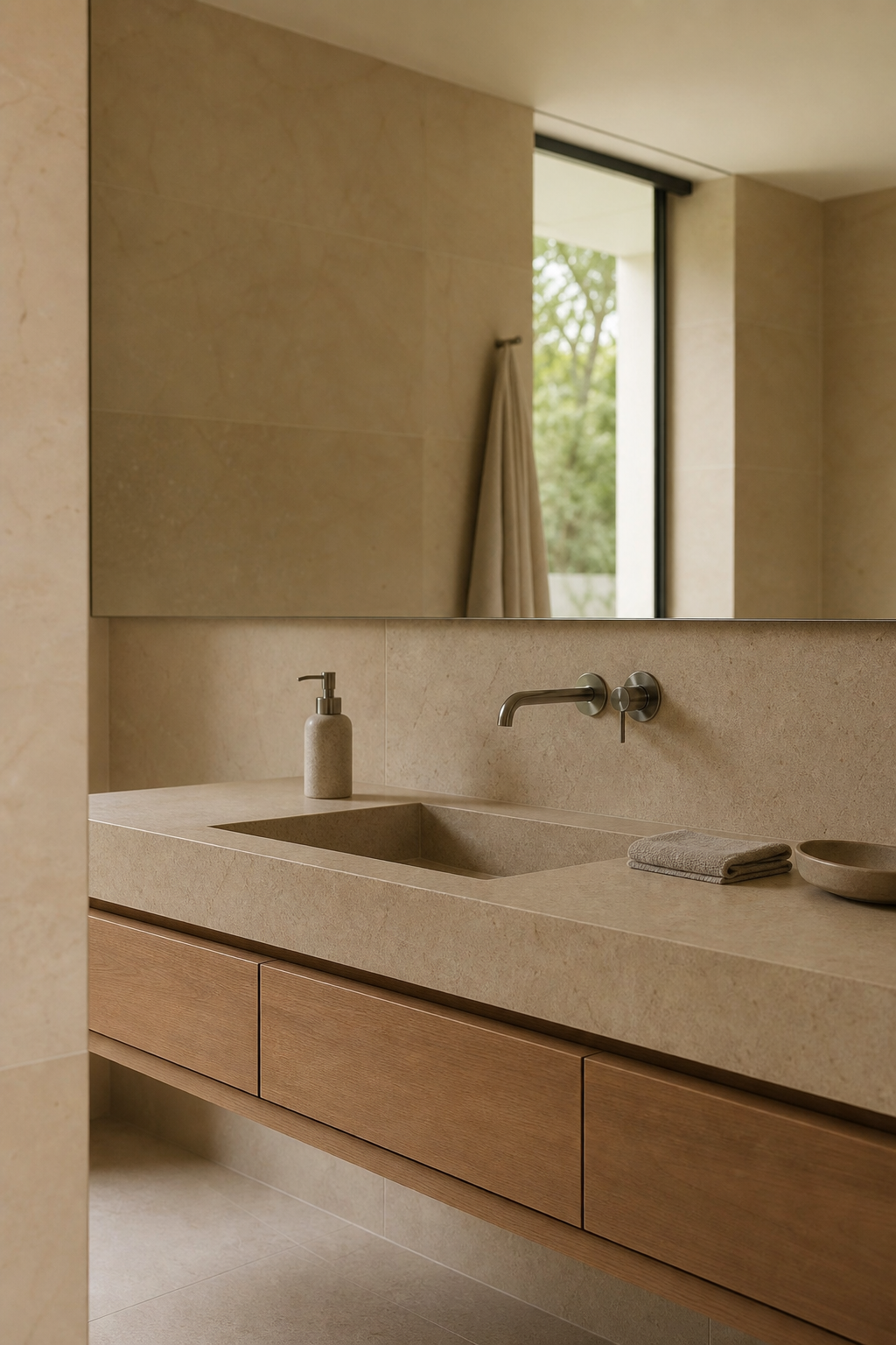 Modern bathroom vanity with nearly empty countertop, soap dispenser, tray, and folded towel