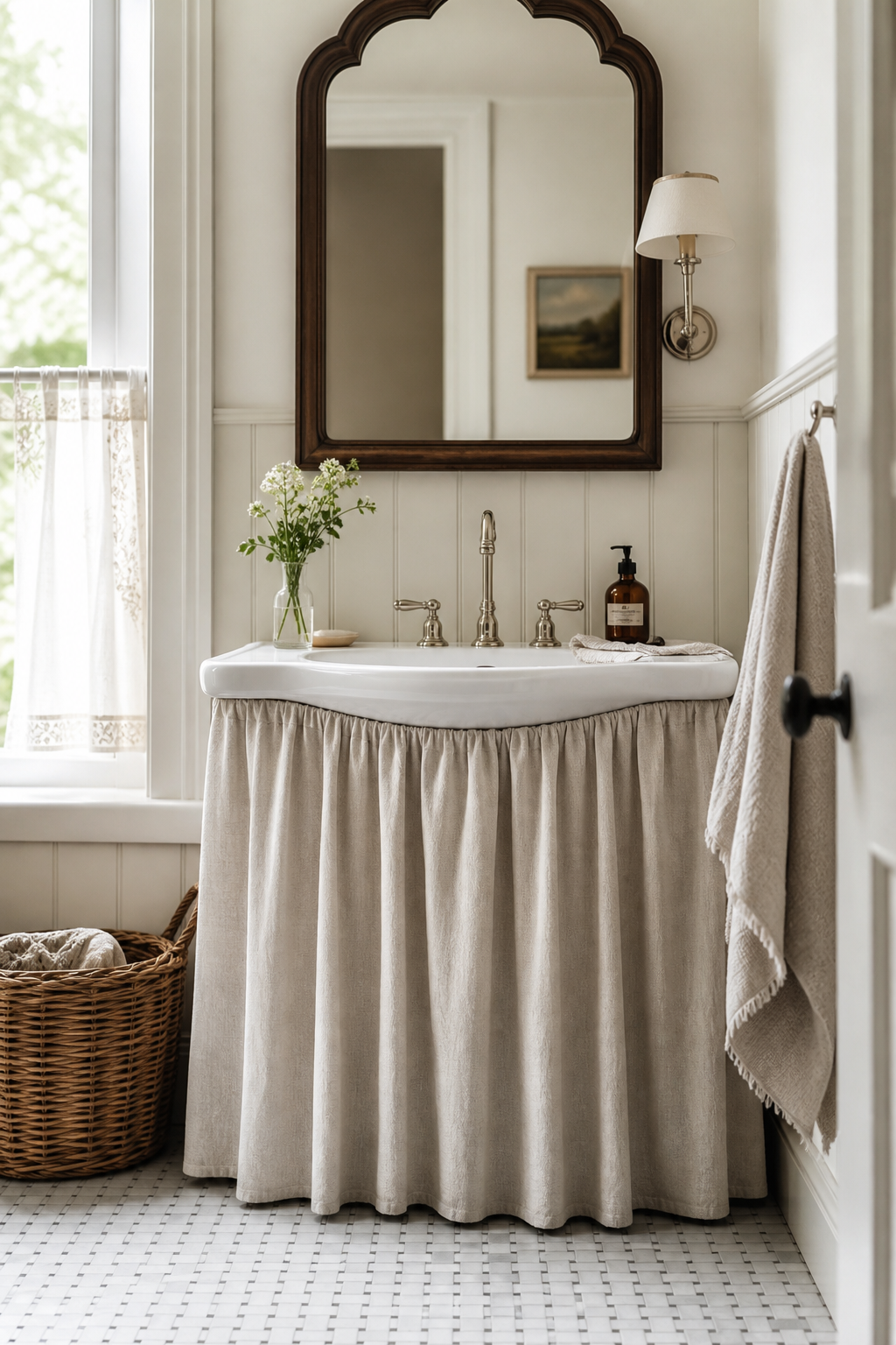 Small bathroom with tailored linen skirted sink for hidden storage