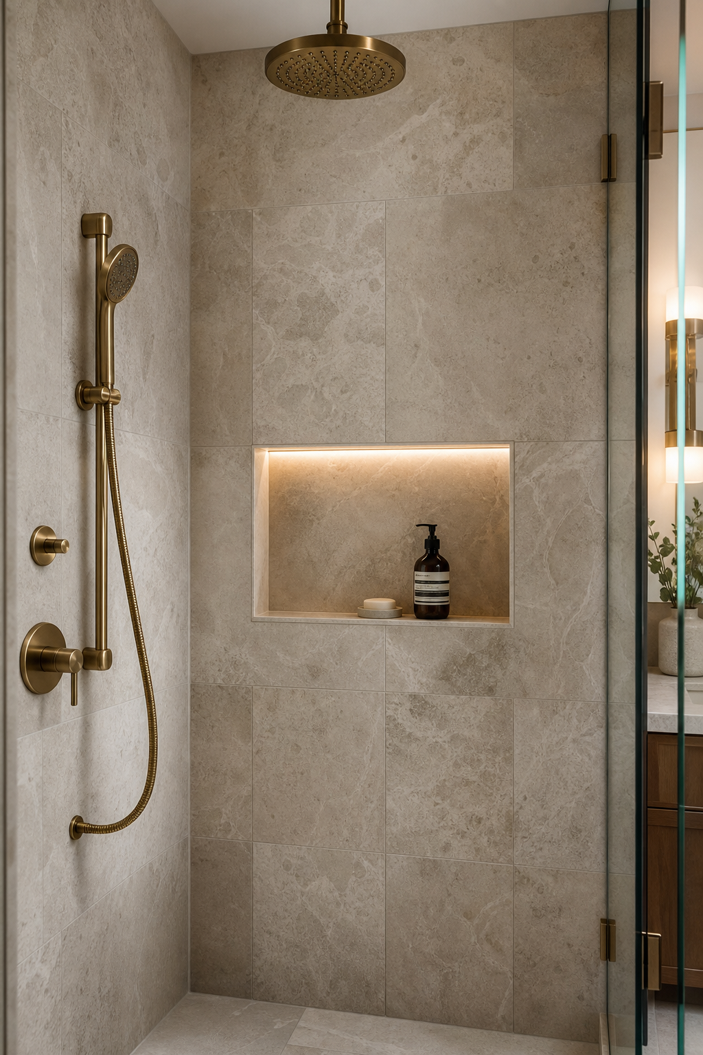 Recessed shower niche with stone tile