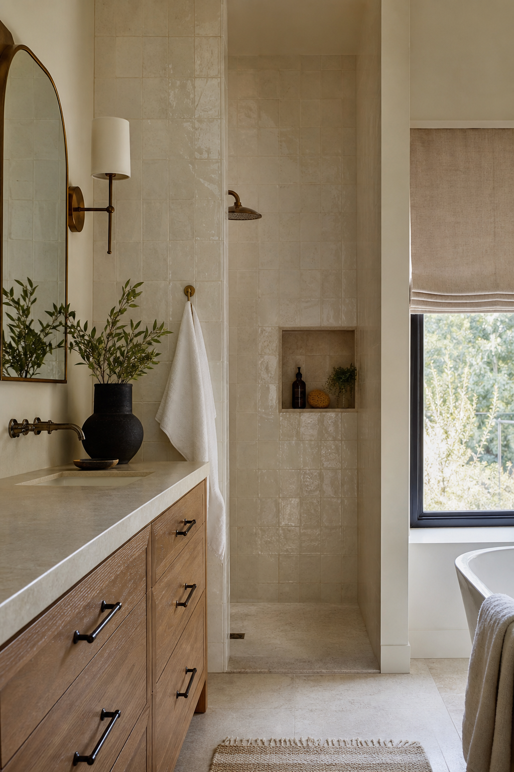 choose handmade tile with movement in a cozy spa-like bathroom