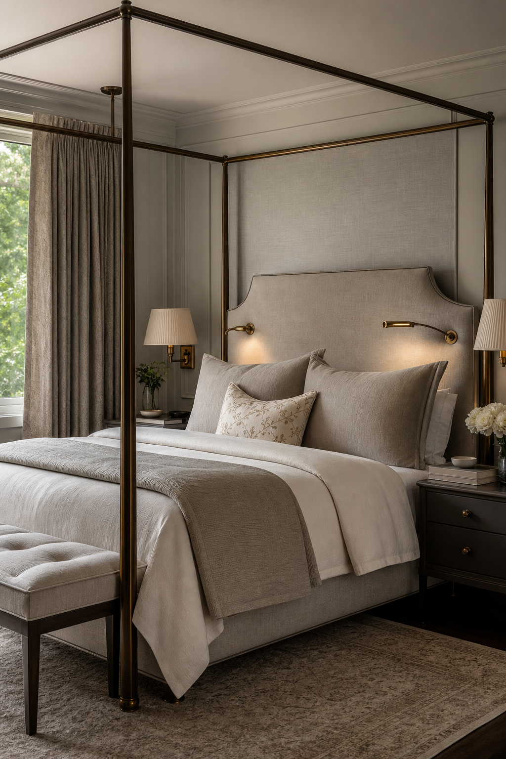 Canopy bed with built-in reading lights and neutral bedding