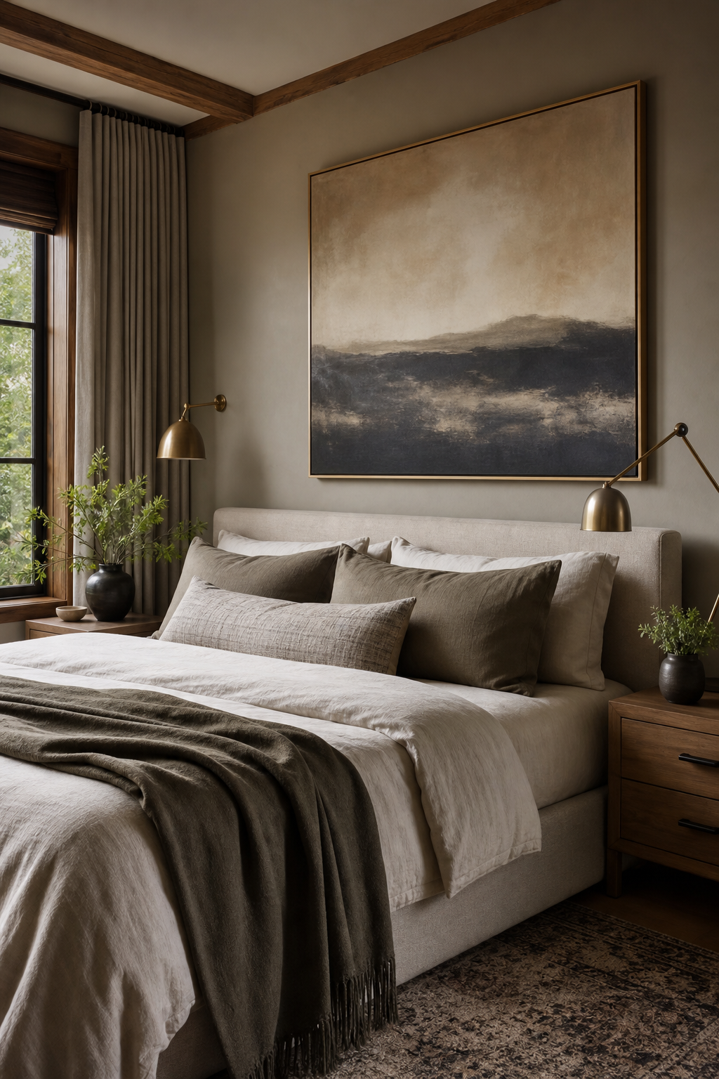 Calm oversized artwork above a cozy upholstered bedroom