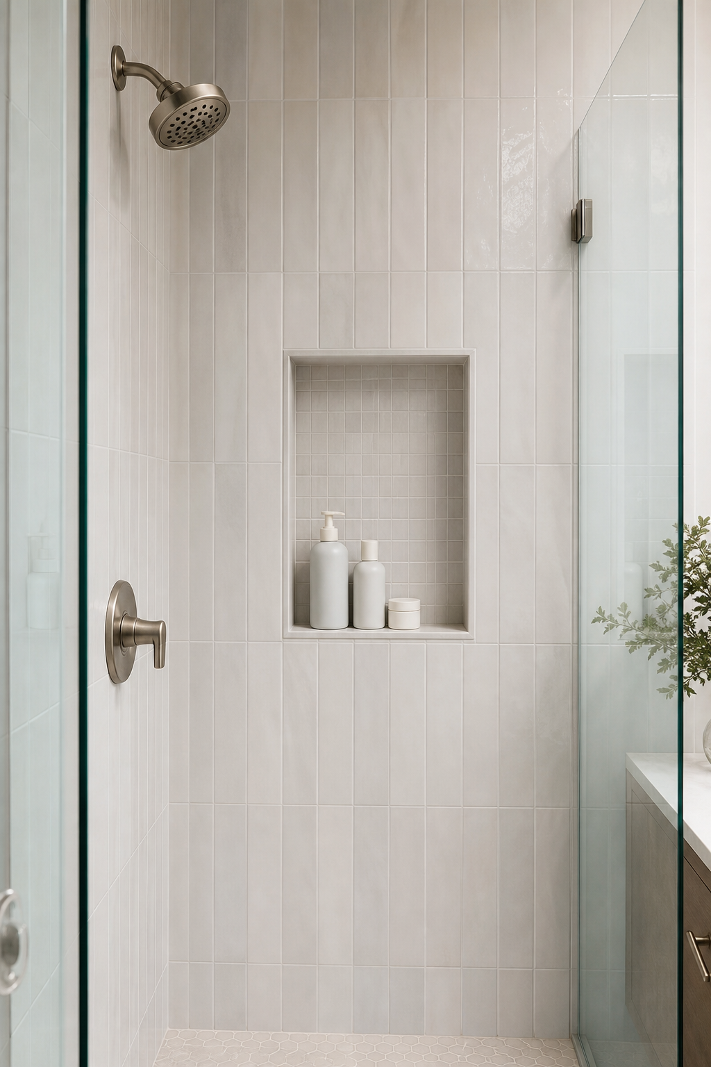 Recessed shower niche replacing a bulky caddy in a tiny bathroom