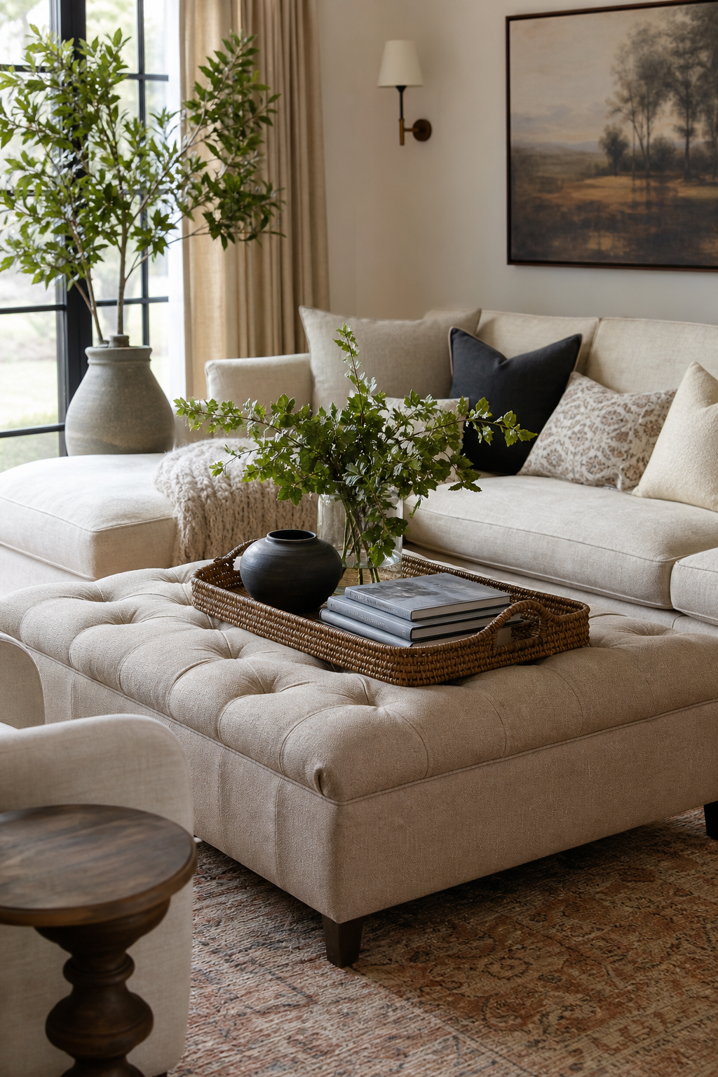 Cozy living room with upholstered ottoman coffee table