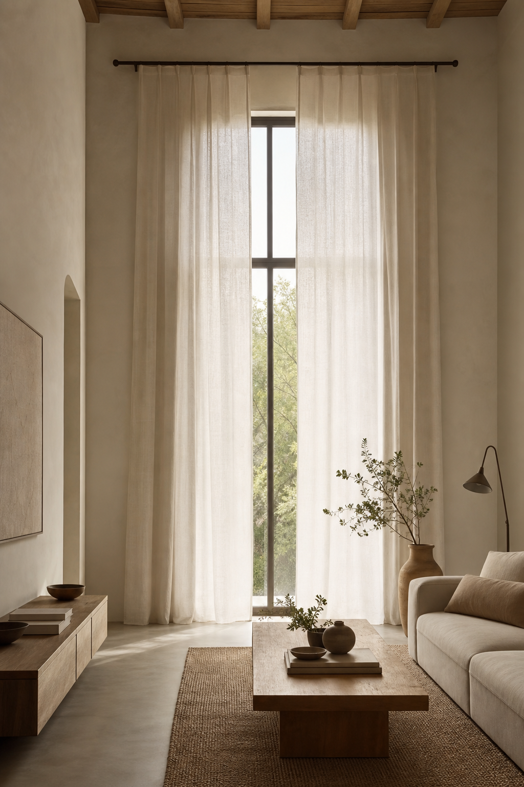 Japandi living room with high-hung warm white linen curtains