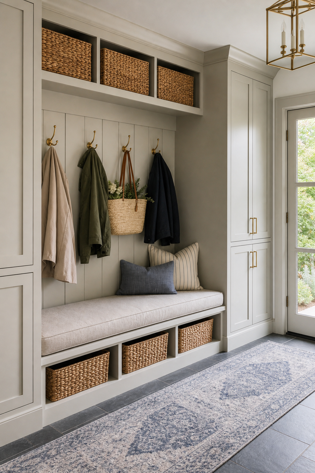 Durable mudroom with built-in bench, brass hooks, baskets, and slate floor